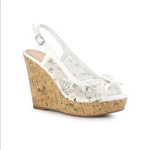 White Floral Platform Heels Bow Lace Wedge Size 8
